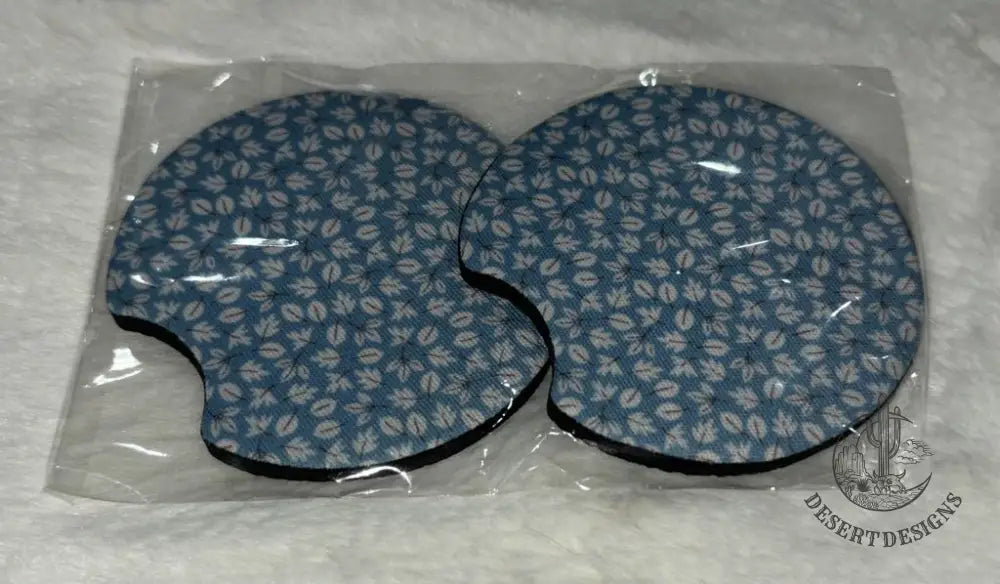 Car Coasters Blue/White Leaves